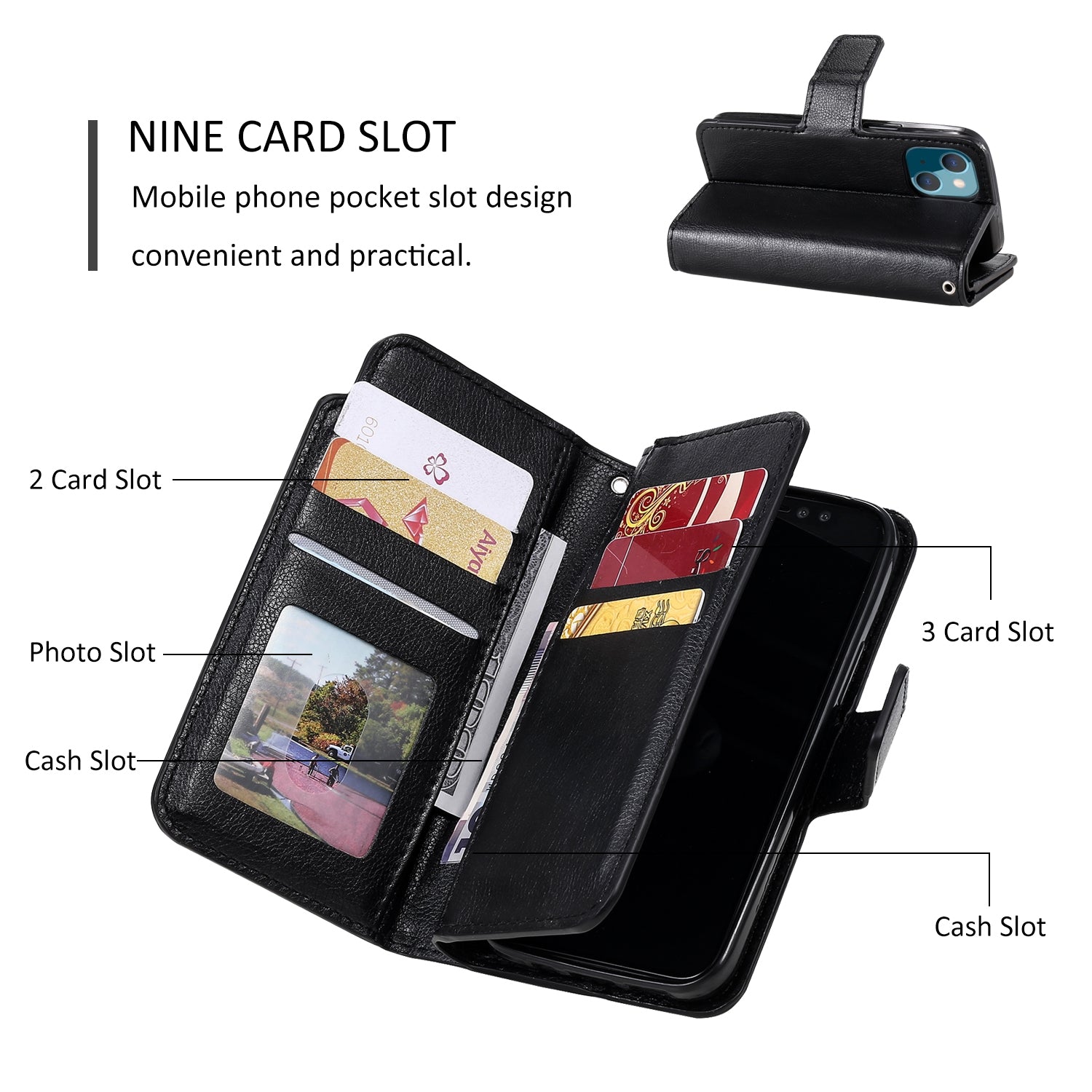 ELECTROPRIME For iPhone 15 Tri-Fold 9-Card Wallets Leather Phone Case(Black)