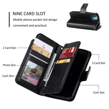 ELECTROPRIME For iPhone 15 Tri-Fold 9-Card Wallets Leather Phone Case(Black)
