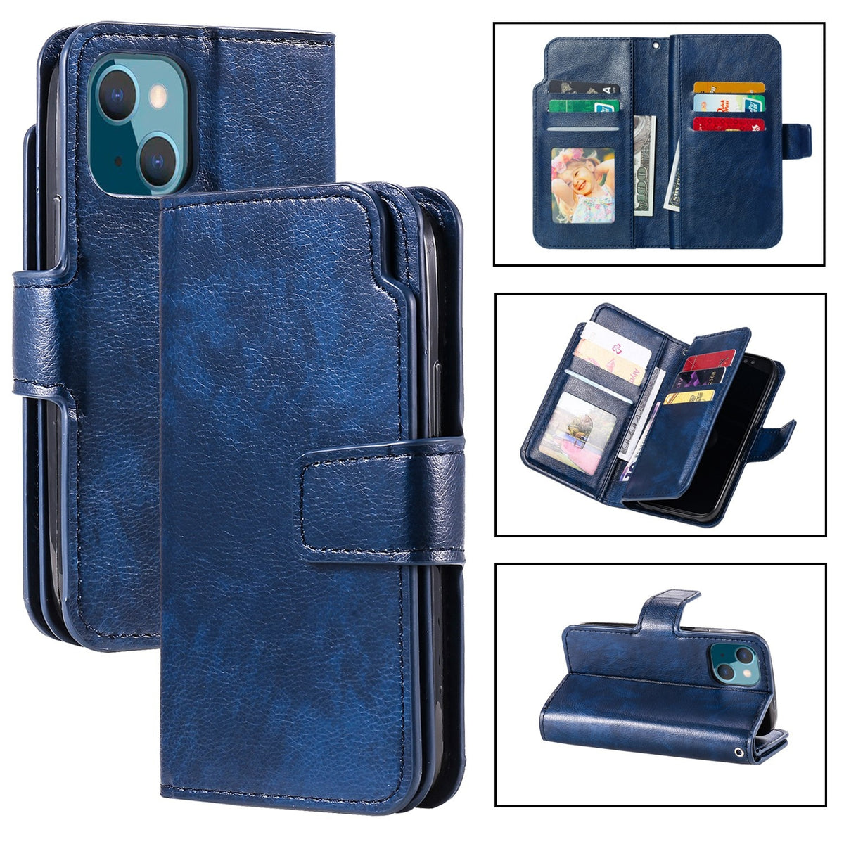 ELECTROPRIME For iPhone 15 Plus Tri-Fold 9-Card Wallets Leather Phone Case(Blue)