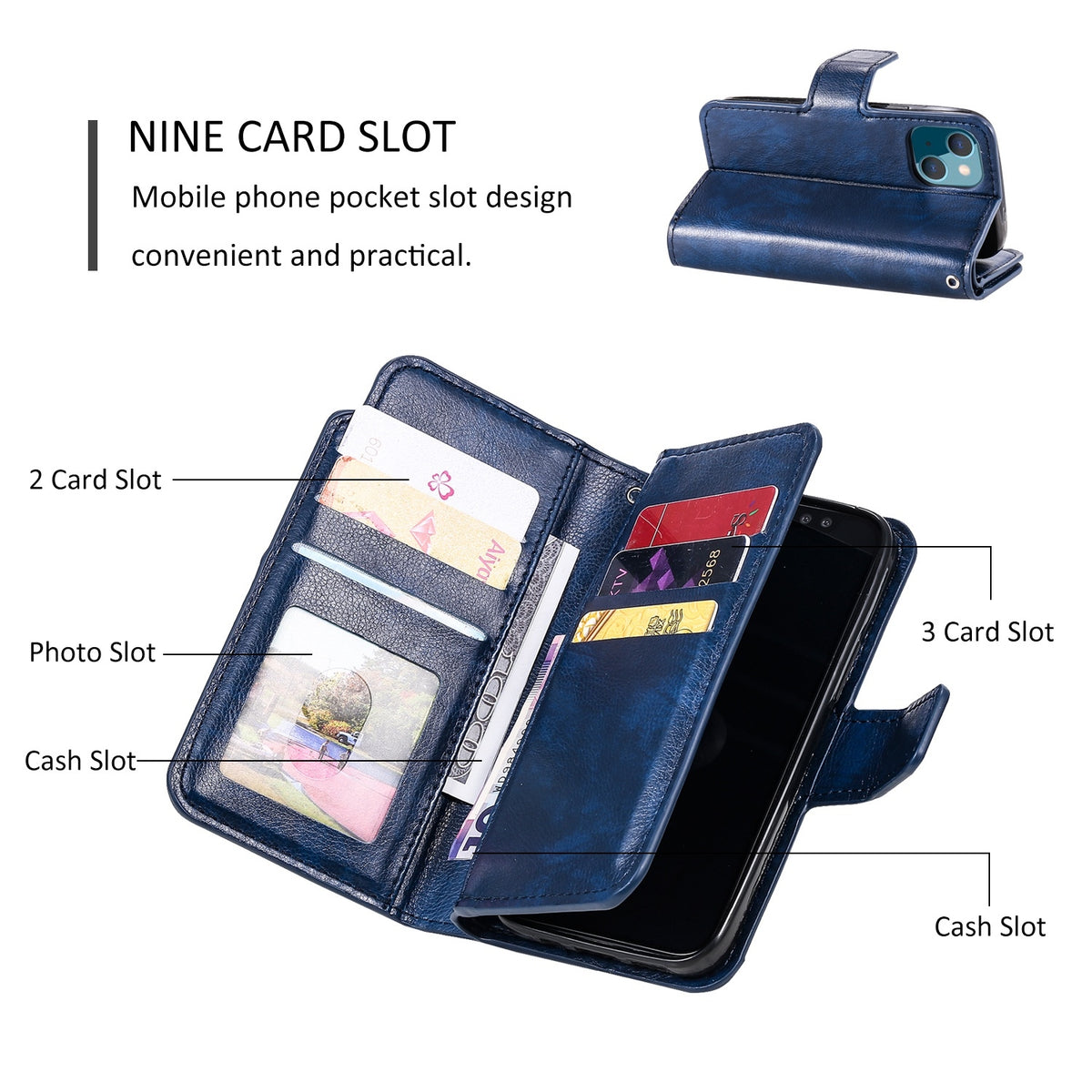 ELECTROPRIME For iPhone 15 Plus Tri-Fold 9-Card Wallets Leather Phone Case(Blue)