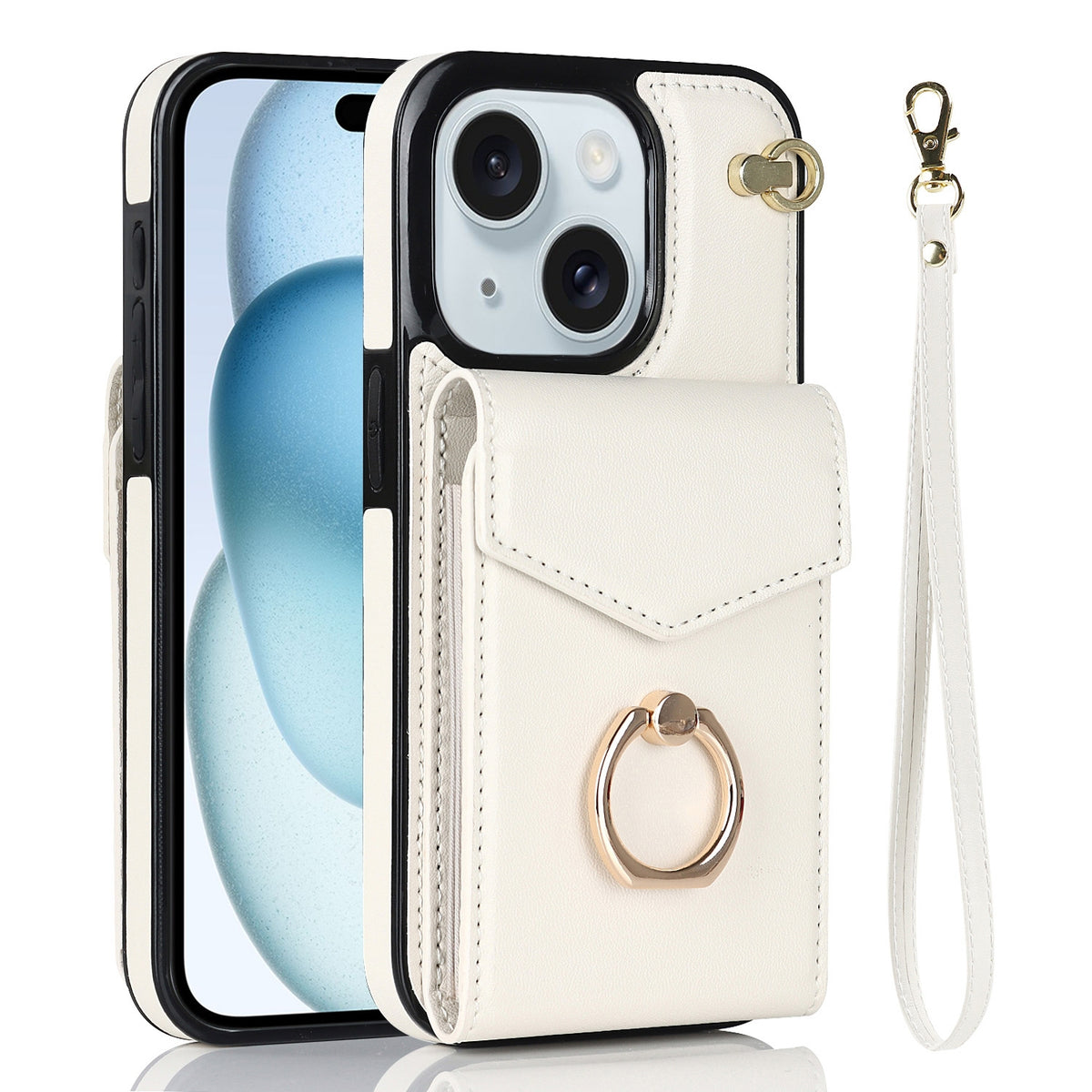 ELECTROPRIME For iPhone 15 Plus Ring Holder RFID Card Slot Phone Case(Beige)