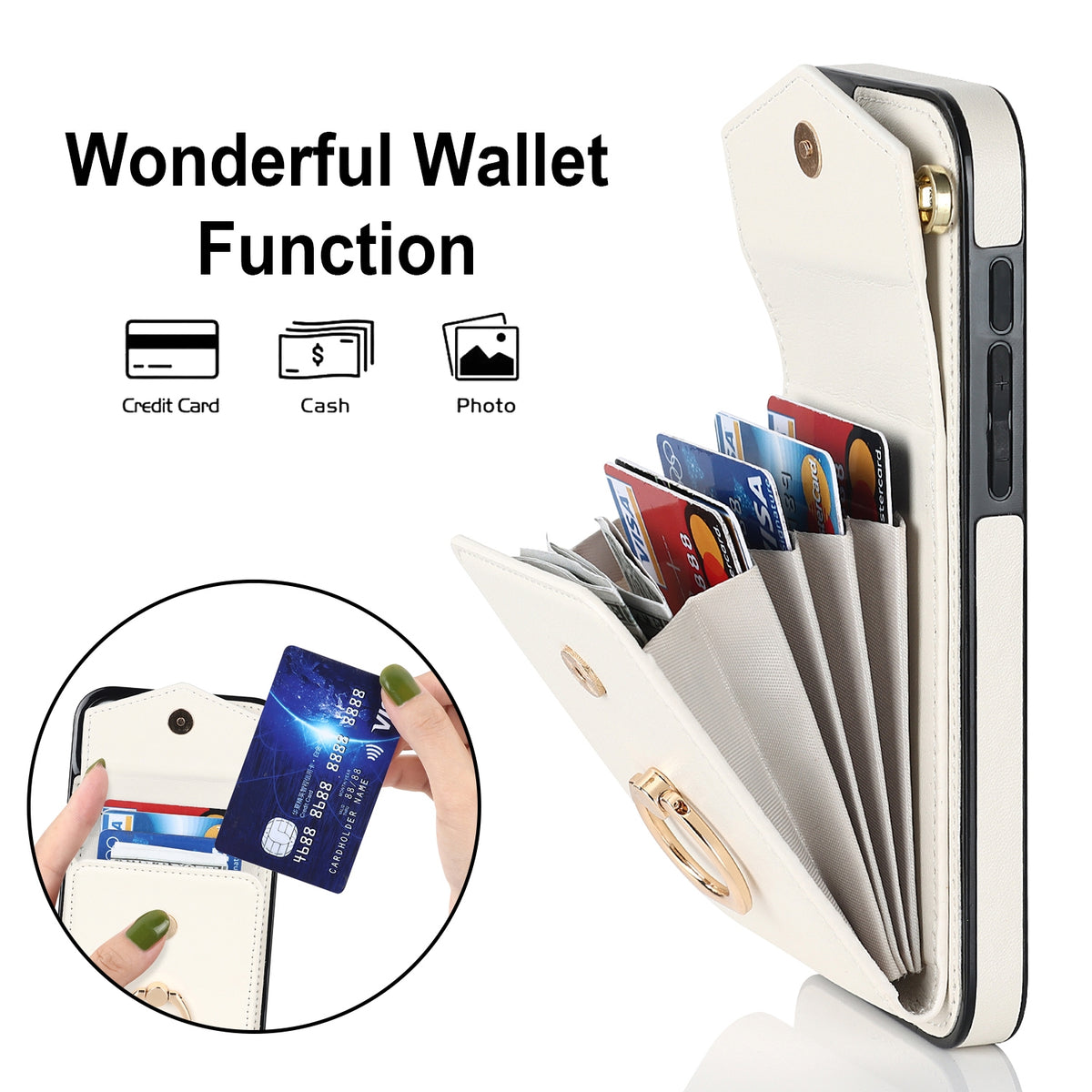 ELECTROPRIME For iPhone 15 Plus Ring Holder RFID Card Slot Phone Case(Beige)