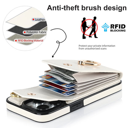 ELECTROPRIME For iPhone 15 Plus Ring Holder RFID Card Slot Phone Case(Beige)