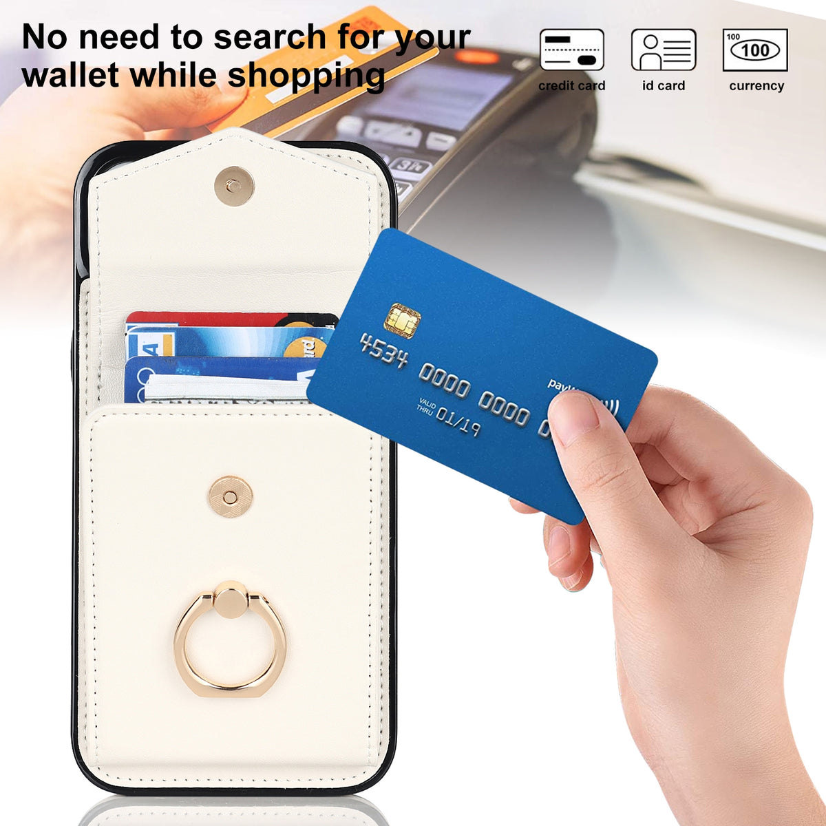 ELECTROPRIME For iPhone 15 Plus Ring Holder RFID Card Slot Phone Case(Beige)
