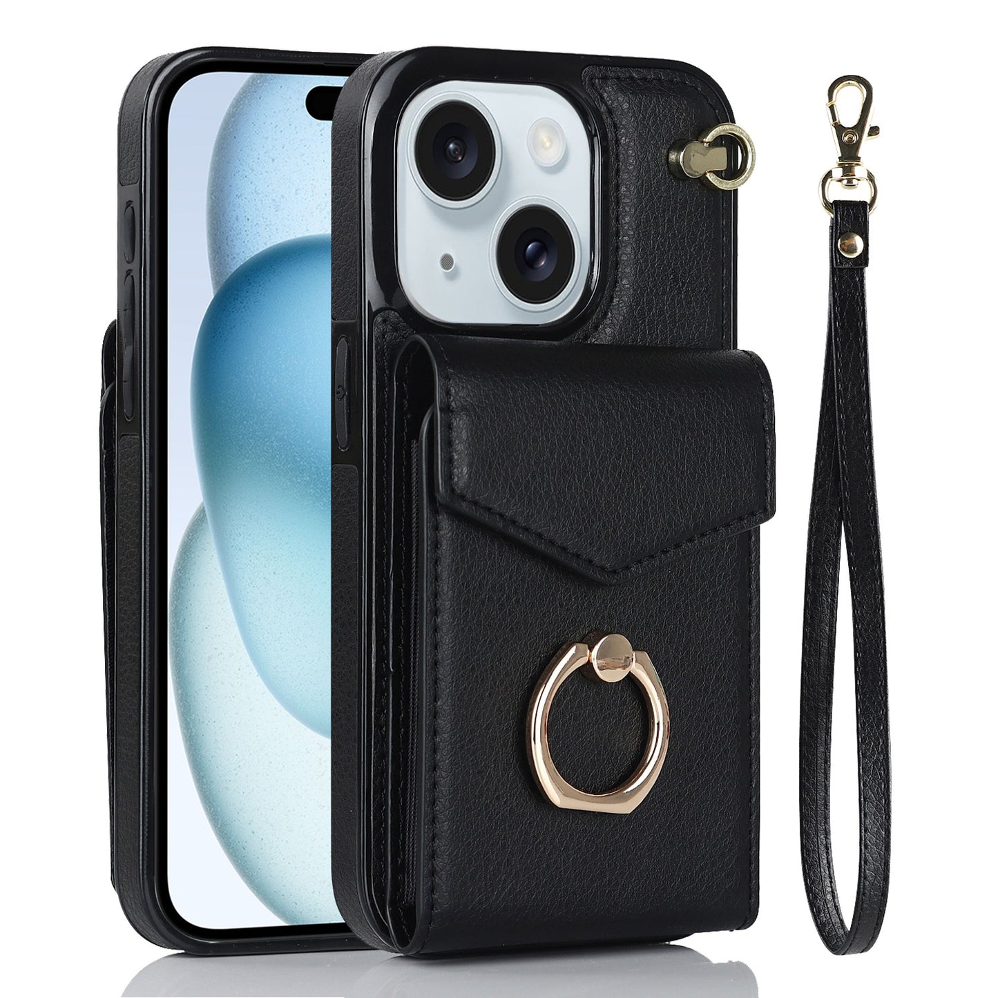 ELECTROPRIME For iPhone 15 Ring Holder RFID Card Slot Phone Case(Black)