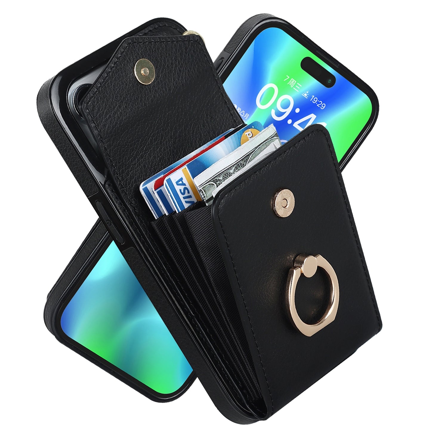 ELECTROPRIME For iPhone 15 Ring Holder RFID Card Slot Phone Case(Black)