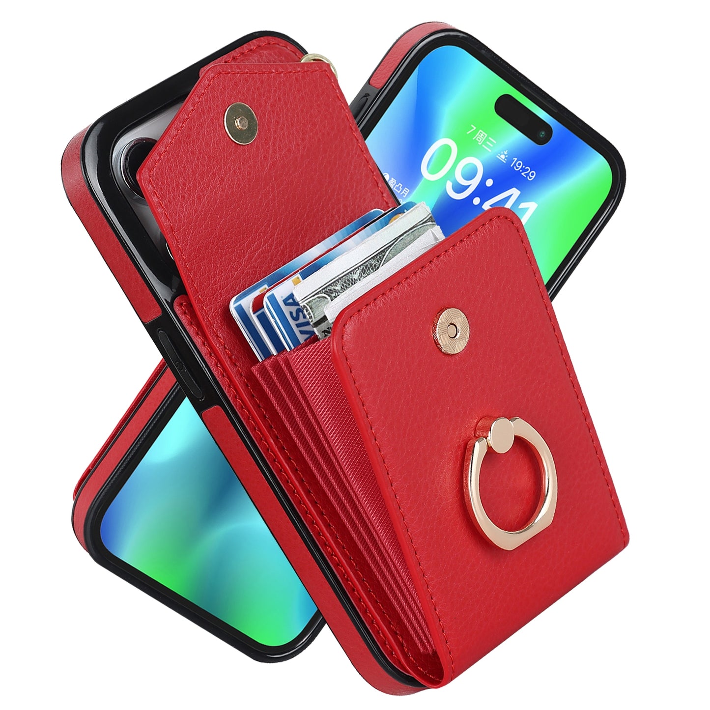 ELECTROPRIME For iPhone 15 Ring Holder RFID Card Slot Phone Case(Red)