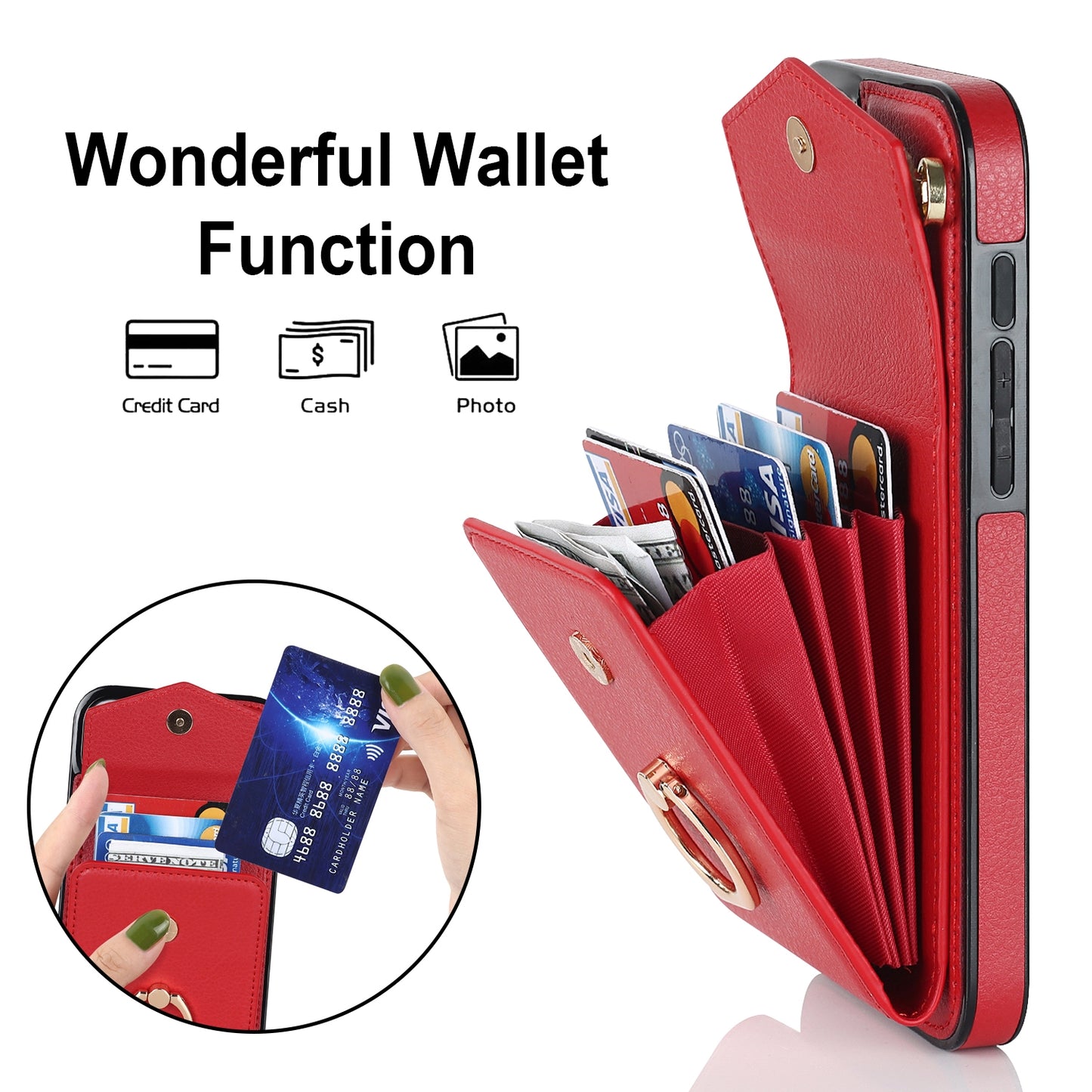 ELECTROPRIME For iPhone 15 Ring Holder RFID Card Slot Phone Case(Red)