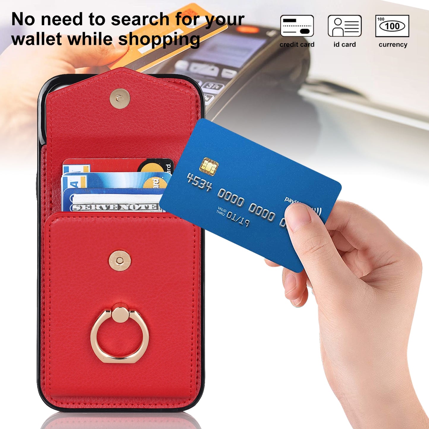 ELECTROPRIME For iPhone 15 Ring Holder RFID Card Slot Phone Case(Red)