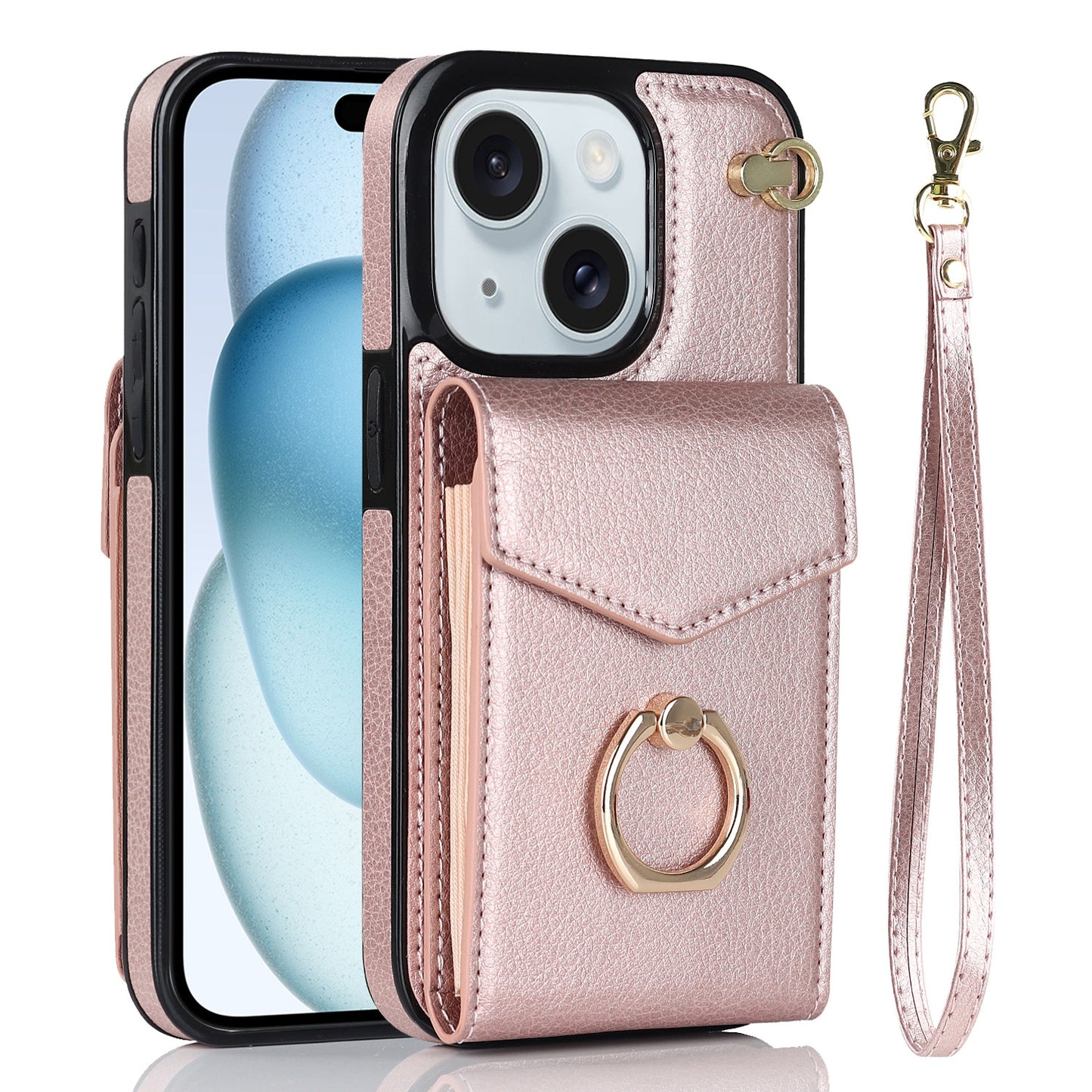 ELECTROPRIME For iPhone 15 Ring Holder RFID Card Slot Phone Case(Rose Gold)