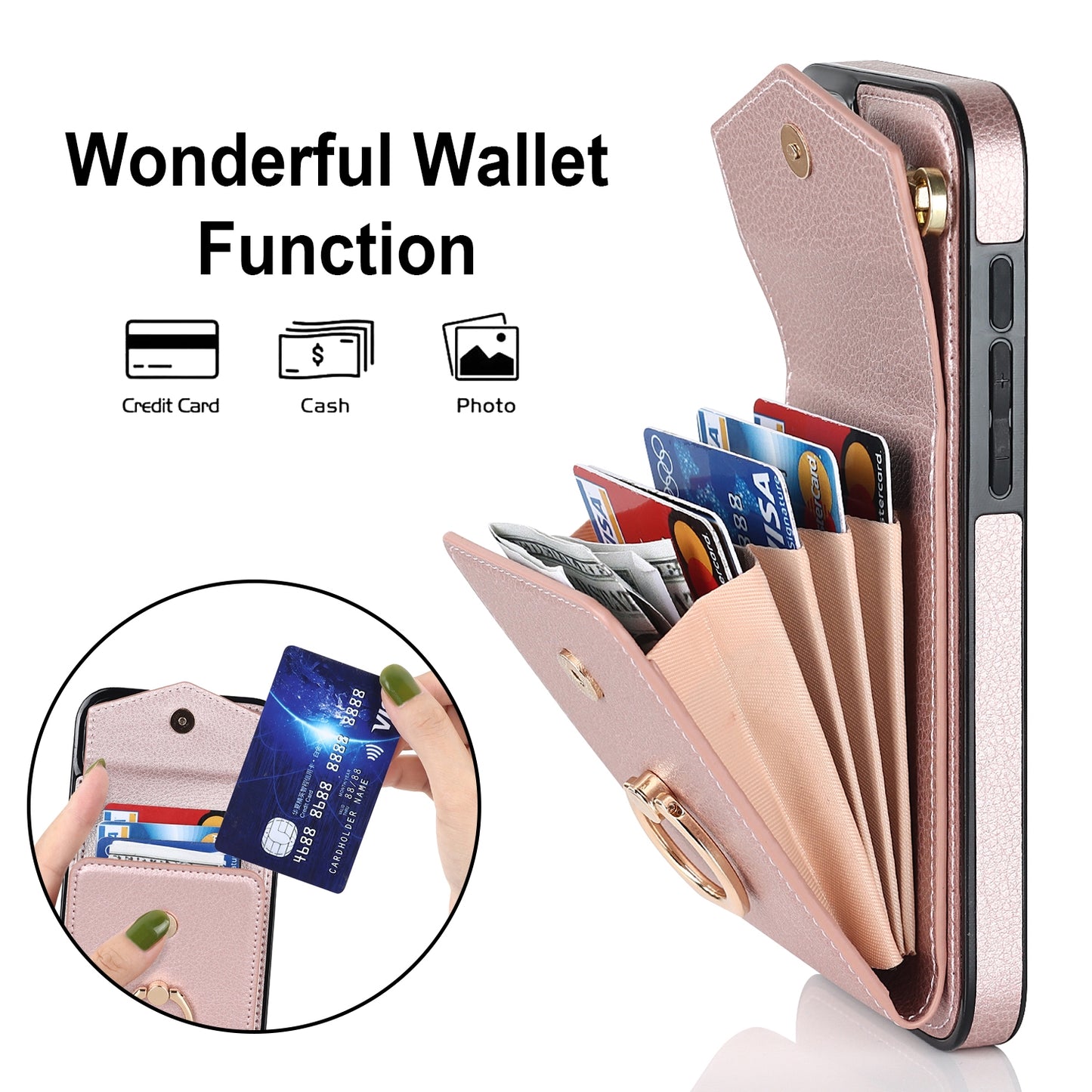 ELECTROPRIME For iPhone 15 Ring Holder RFID Card Slot Phone Case(Rose Gold)