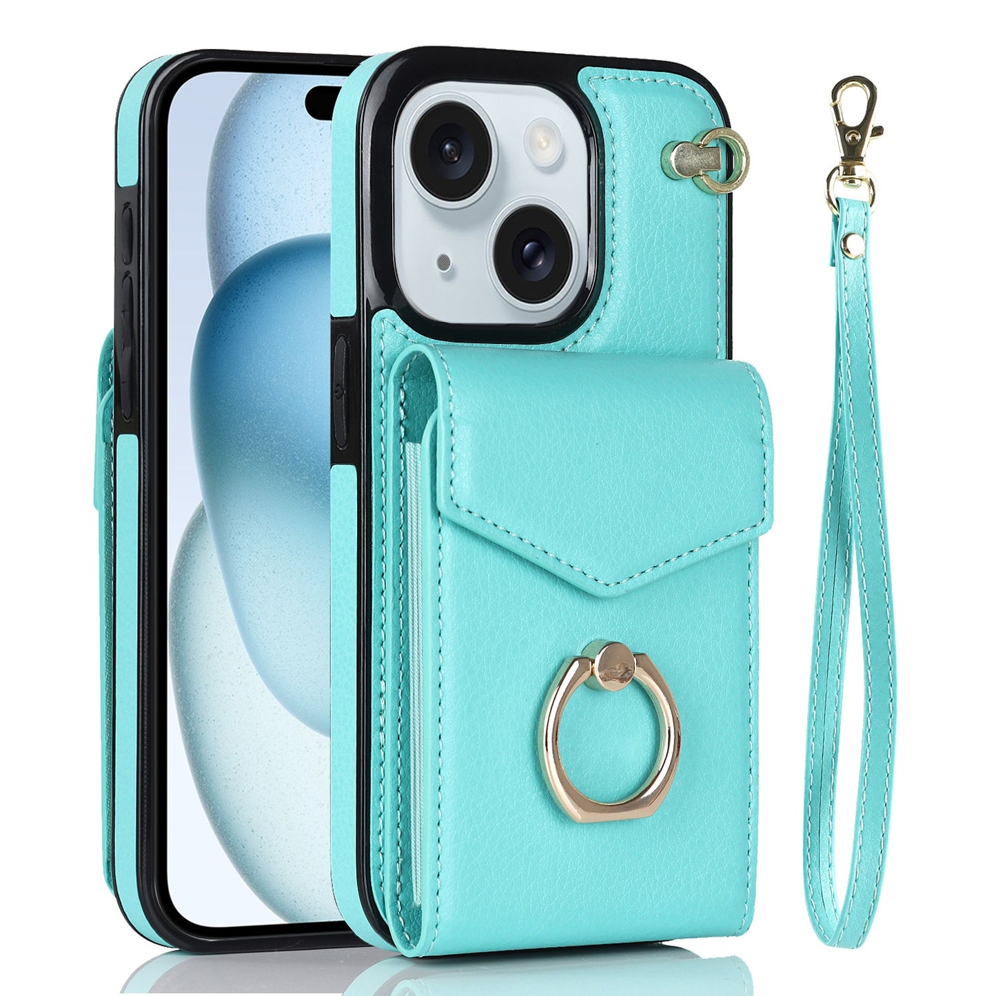 ELECTROPRIME For iPhone 15 Ring Holder RFID Card Slot Phone Case(Mint Green)