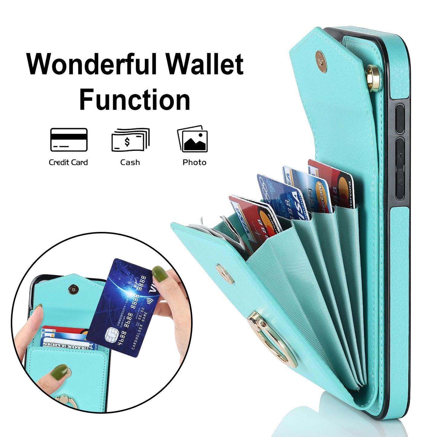 ELECTROPRIME For iPhone 15 Ring Holder RFID Card Slot Phone Case(Mint Green)