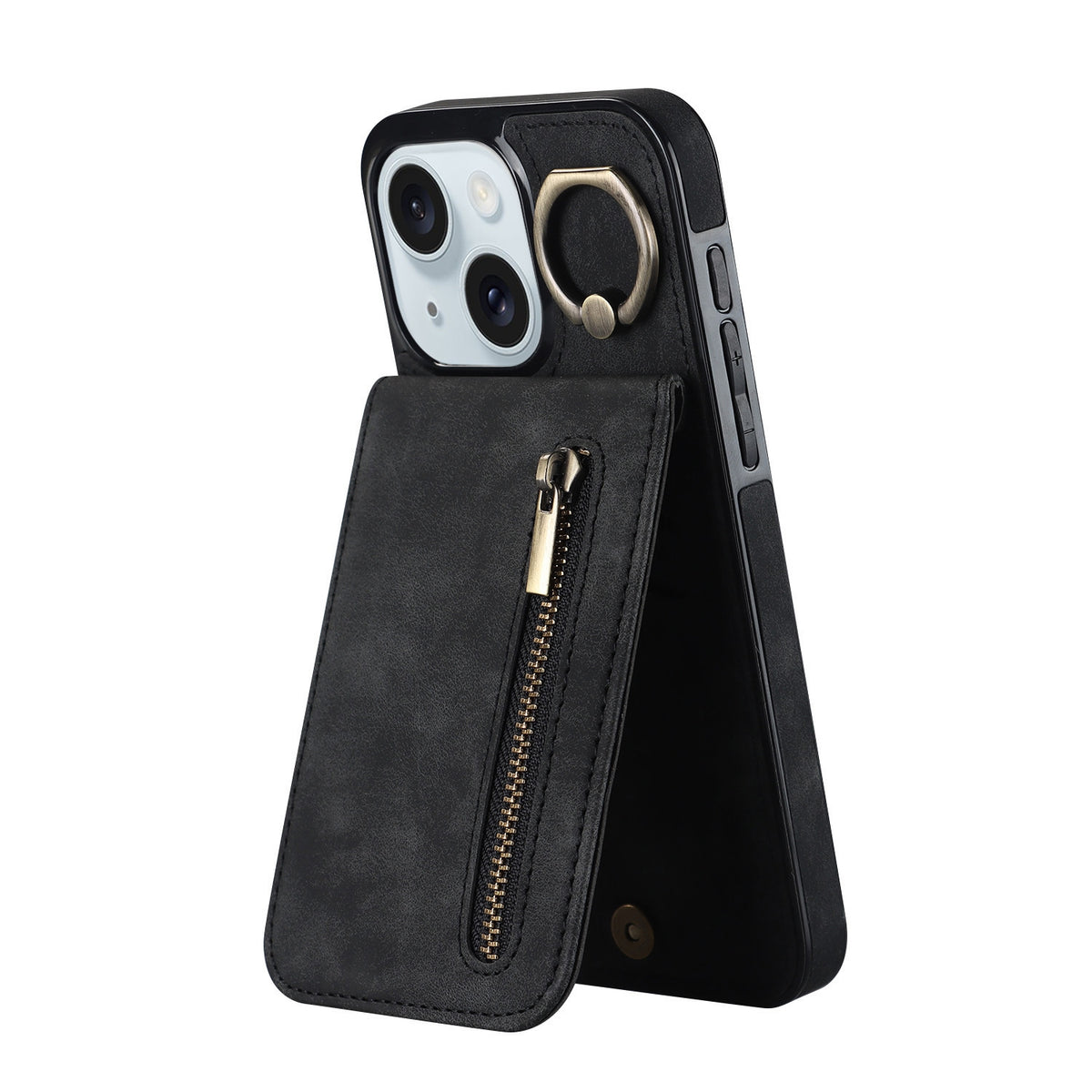 ELECTROPRIME For iPhone 15 Plus Retro Ring and Zipper RFID Card Slot Phone Case(Black)