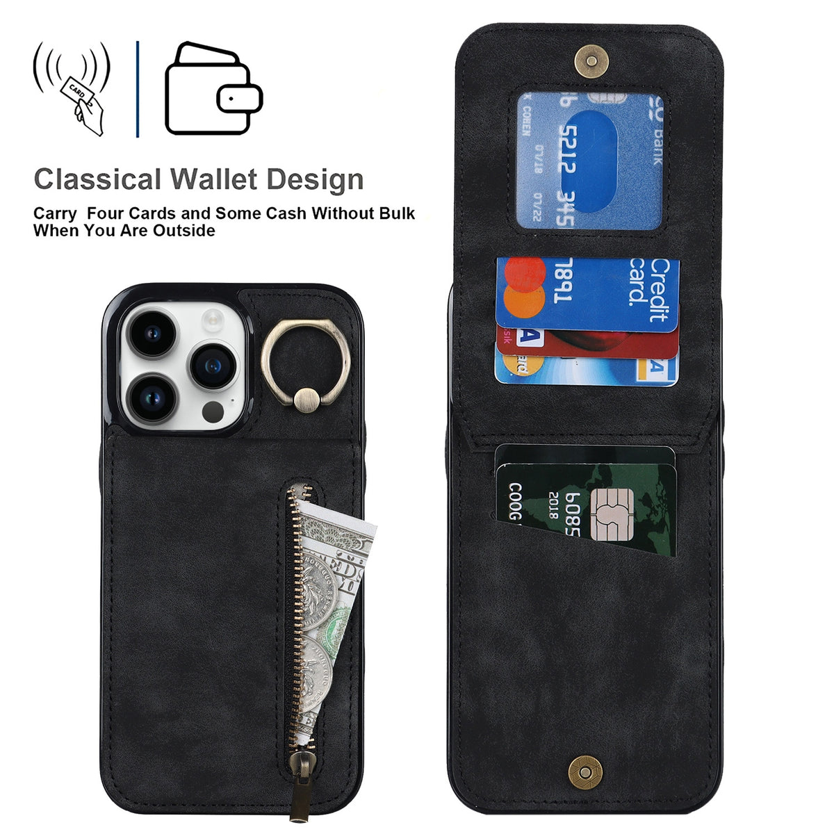 ELECTROPRIME For iPhone 15 Plus Retro Ring and Zipper RFID Card Slot Phone Case(Black)