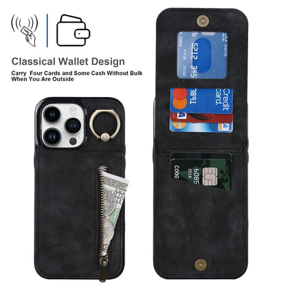 ELECTROPRIME For iPhone 15 Plus Retro Ring and Zipper RFID Card Slot Phone Case(Black)