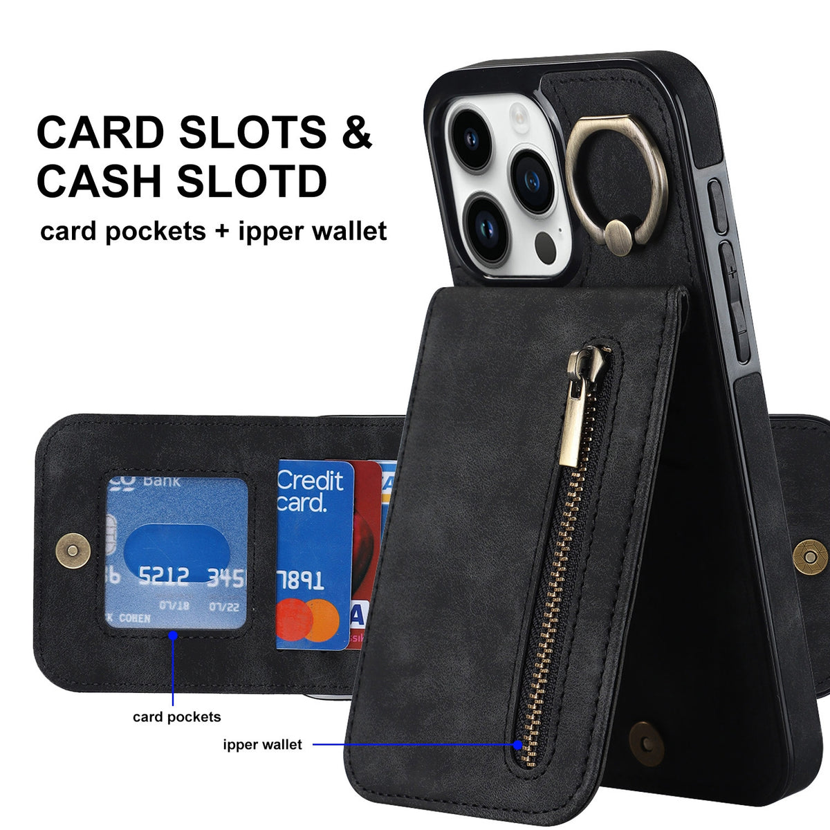 ELECTROPRIME For iPhone 15 Plus Retro Ring and Zipper RFID Card Slot Phone Case(Black)