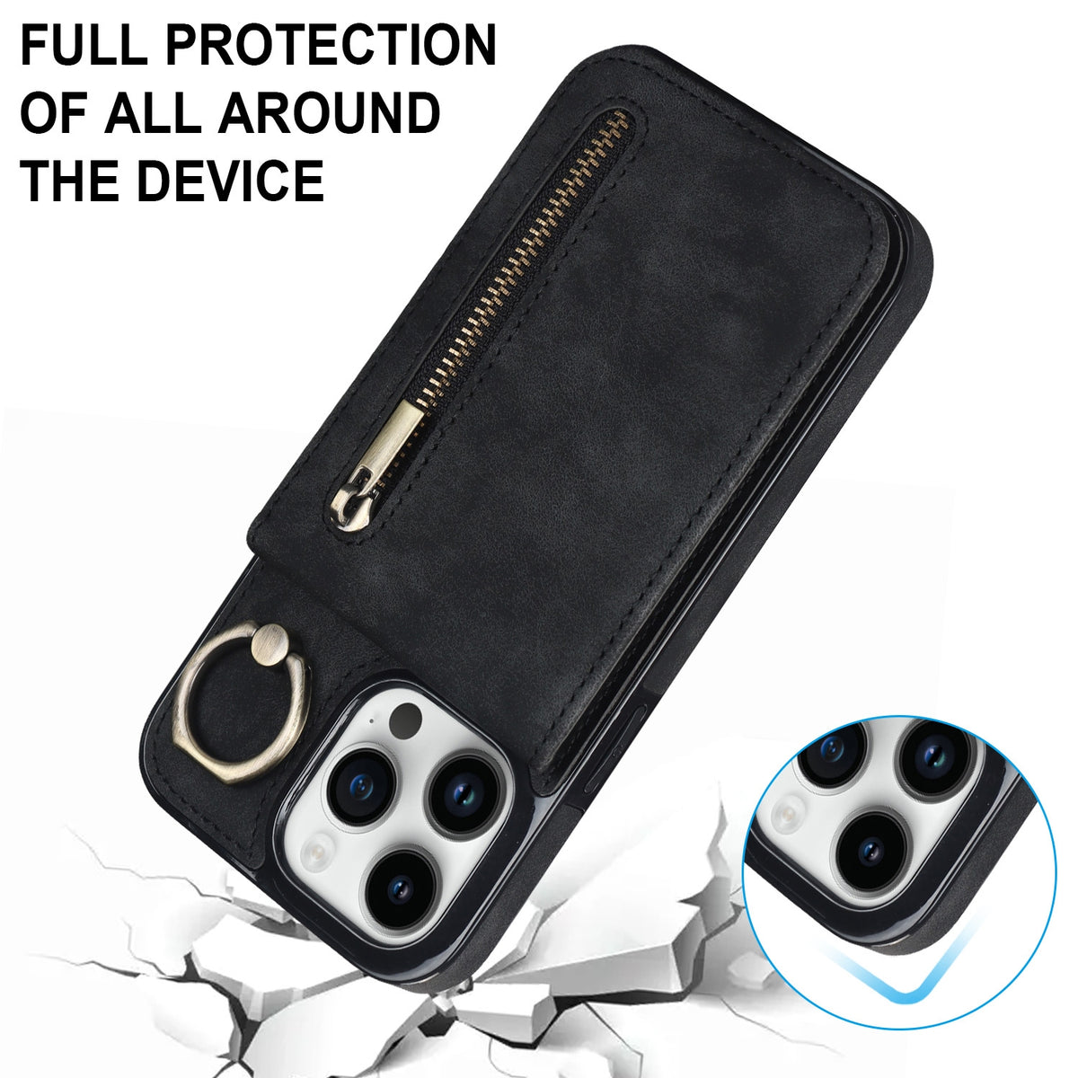 ELECTROPRIME For iPhone 15 Plus Retro Ring and Zipper RFID Card Slot Phone Case(Black)