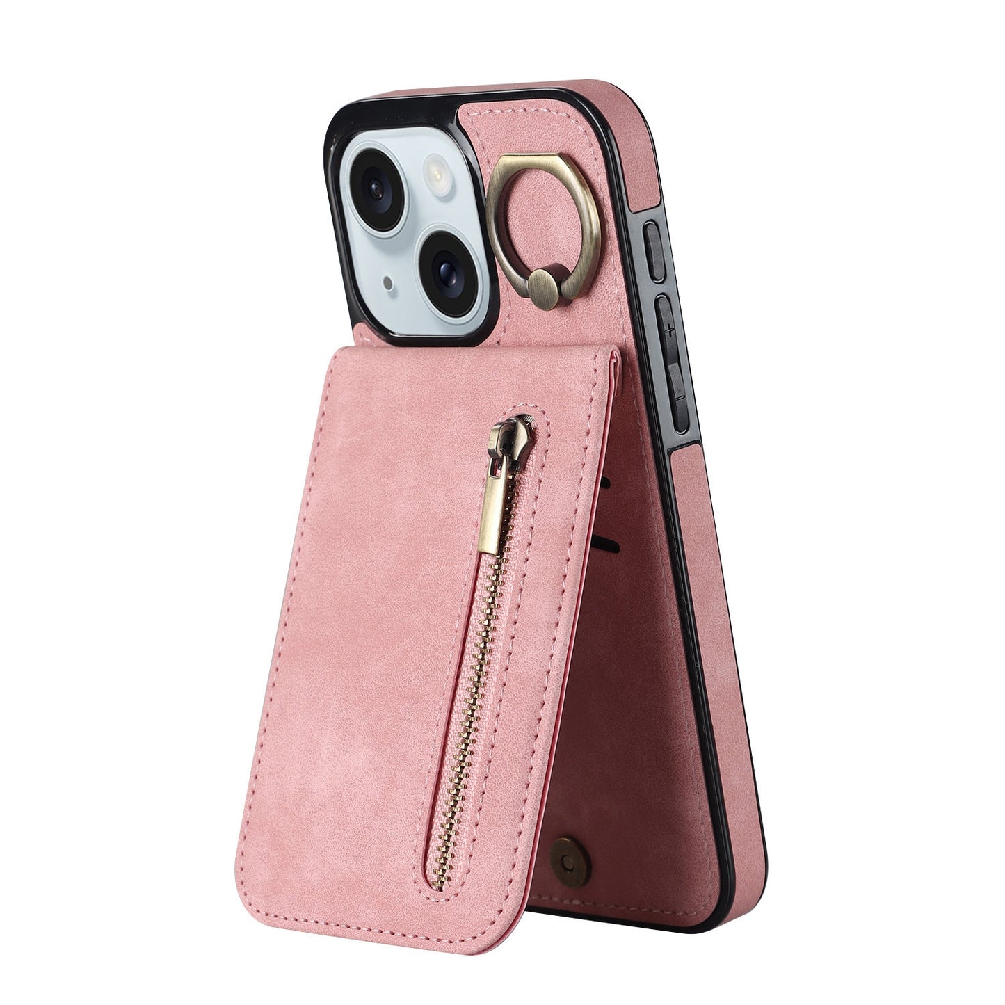 ELECTROPRIME For iPhone 15 Retro Ring and Zipper RFID Card Slot Phone Case(Pink)