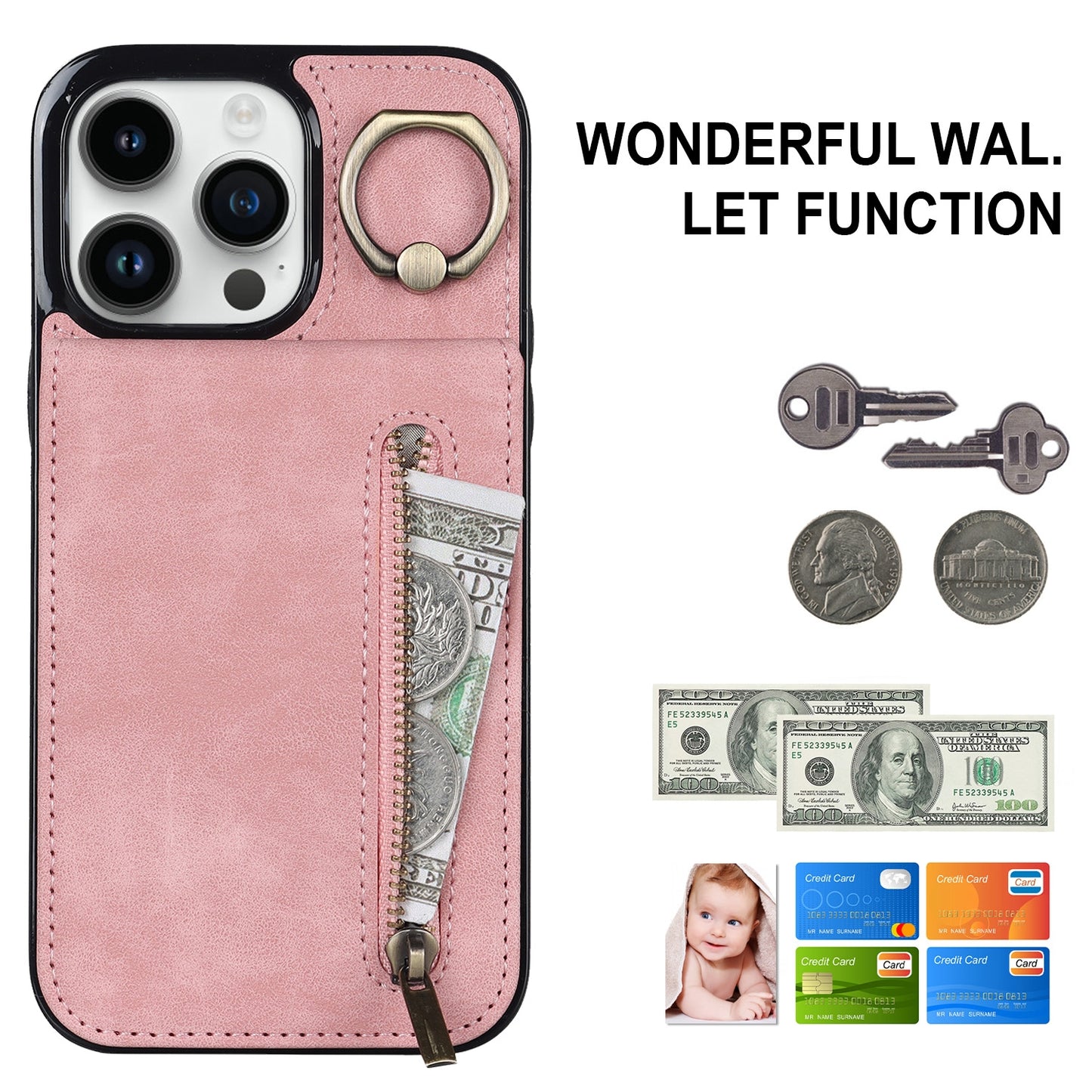 ELECTROPRIME For iPhone 15 Retro Ring and Zipper RFID Card Slot Phone Case(Pink)
