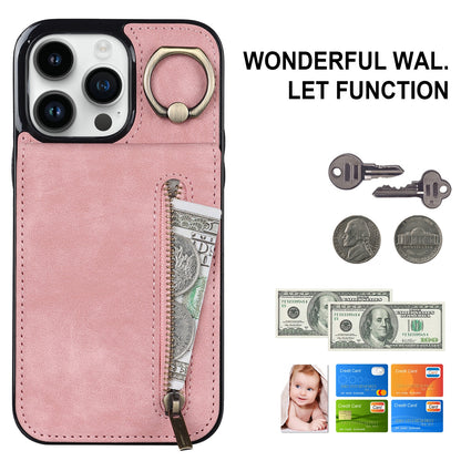 ELECTROPRIME For iPhone 15 Retro Ring and Zipper RFID Card Slot Phone Case(Pink)