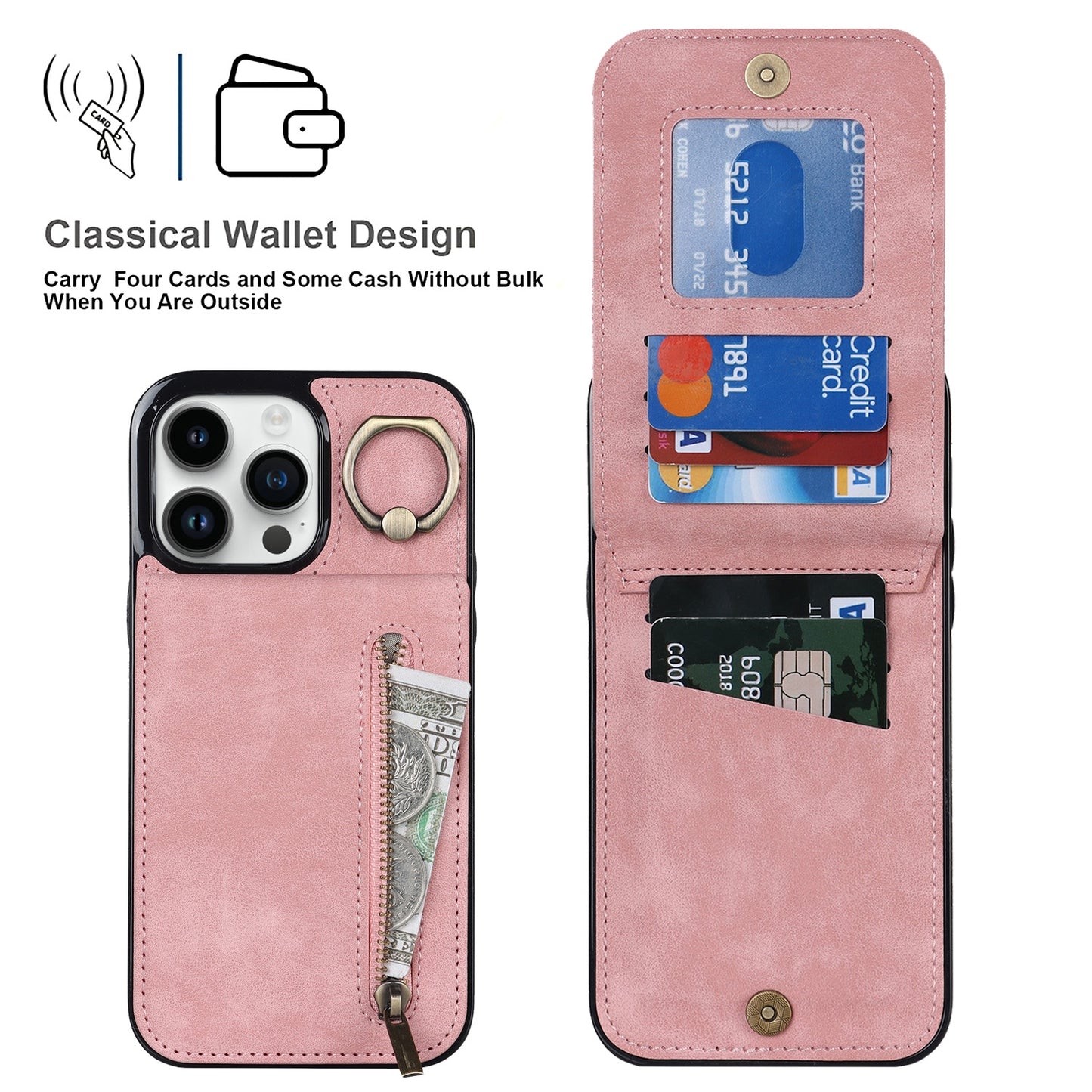 ELECTROPRIME For iPhone 15 Retro Ring and Zipper RFID Card Slot Phone Case(Pink)
