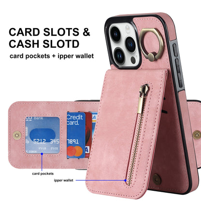 ELECTROPRIME For iPhone 15 Retro Ring and Zipper RFID Card Slot Phone Case(Pink)
