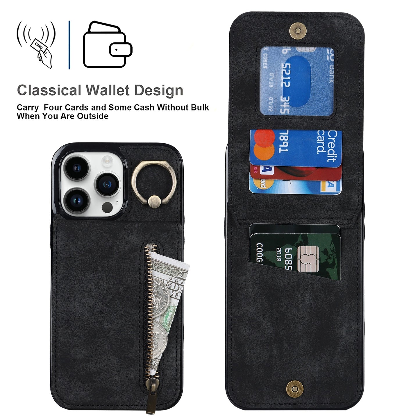 ELECTROPRIME For iPhone 15 Retro Ring and Zipper RFID Card Slot Phone Case(Black)