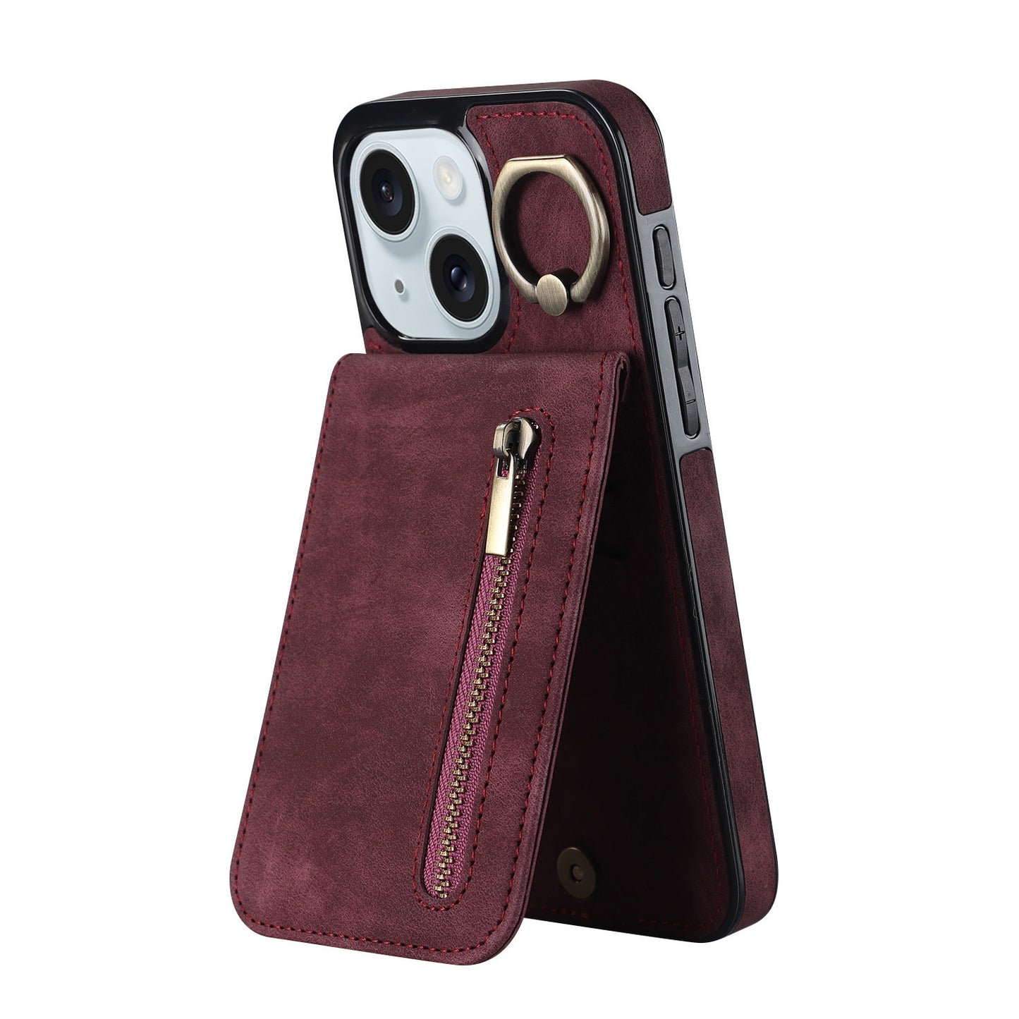 ELECTROPRIME For iPhone 15 Retro Ring and Zipper RFID Card Slot Phone Case(Wine Red)