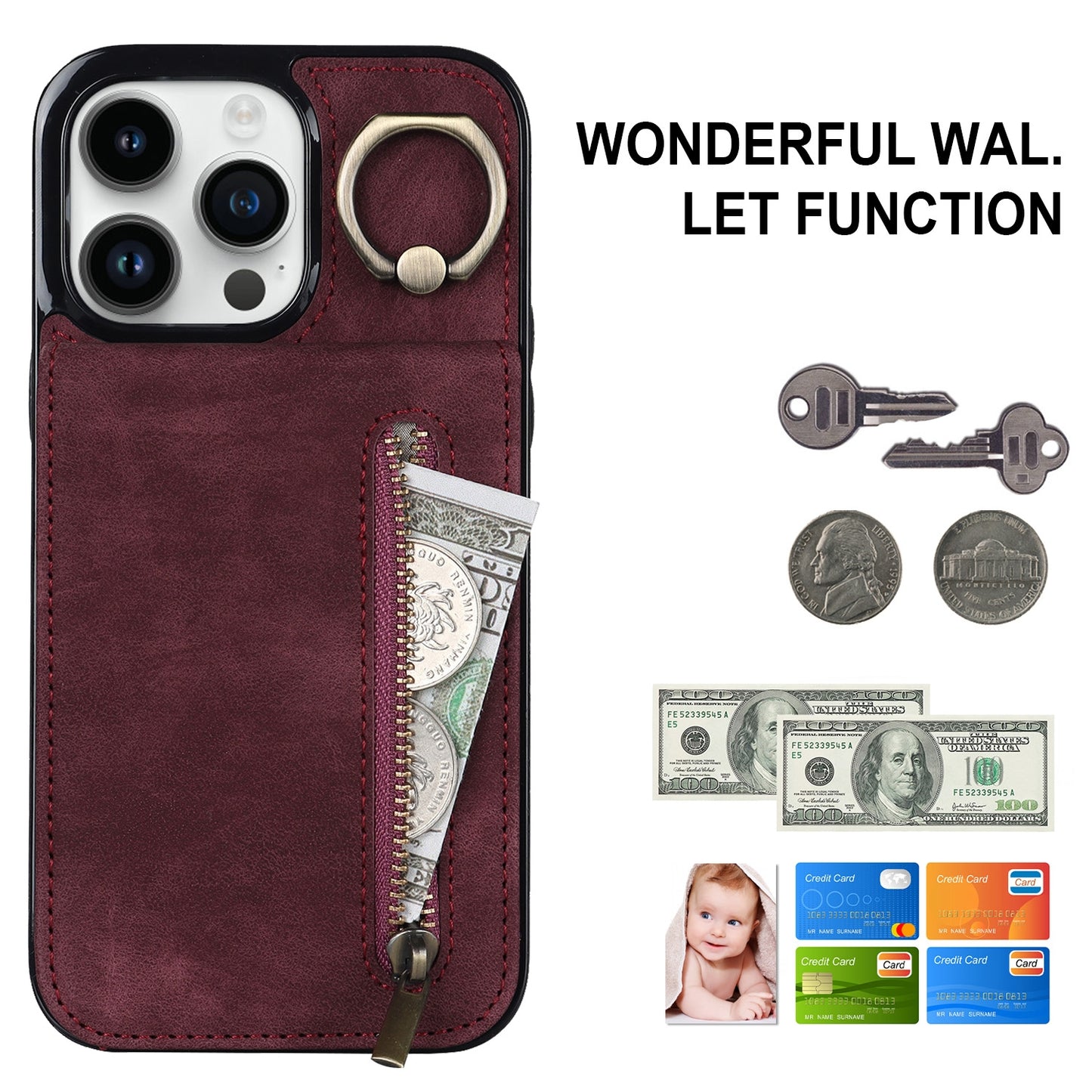 ELECTROPRIME For iPhone 15 Retro Ring and Zipper RFID Card Slot Phone Case(Wine Red)