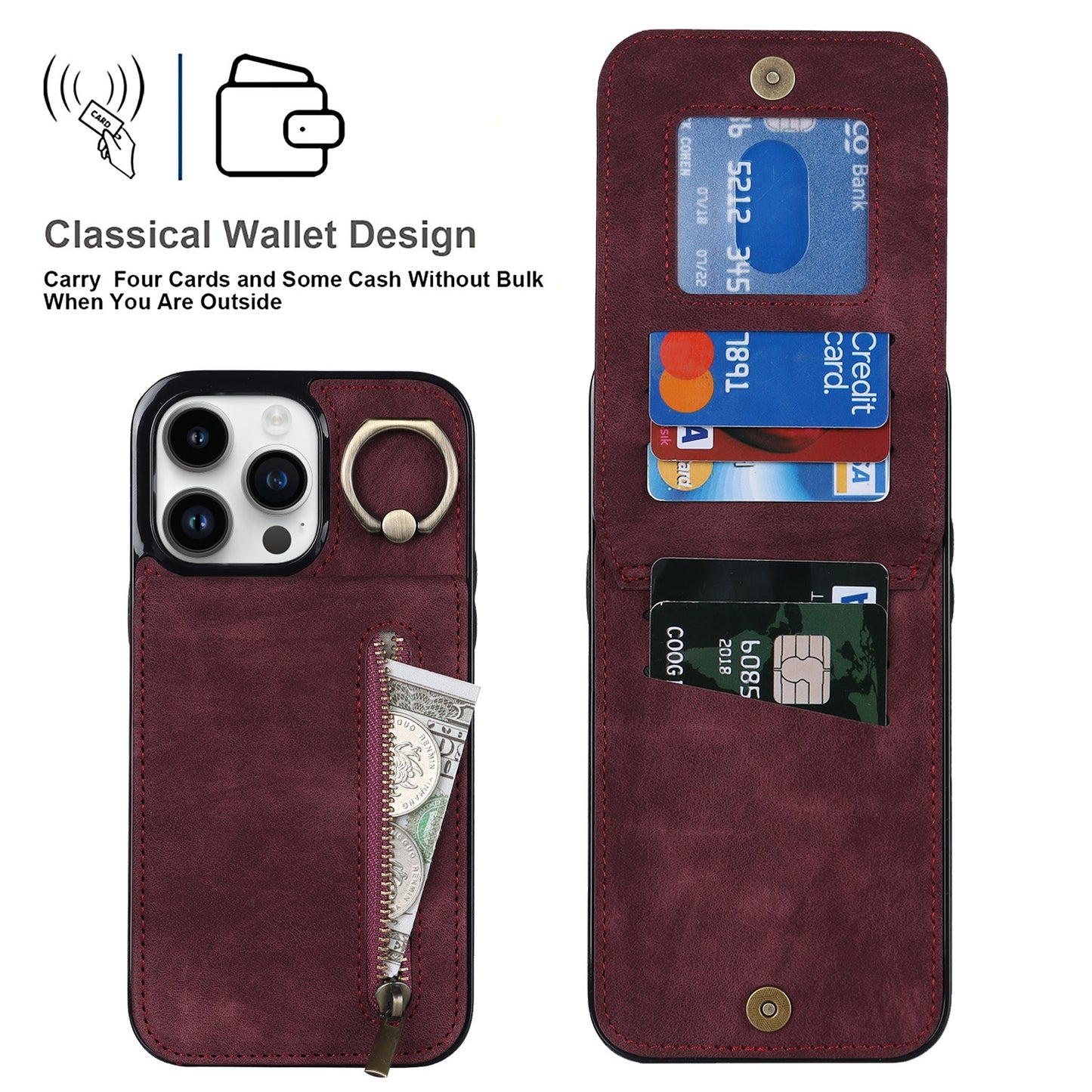 ELECTROPRIME For iPhone 15 Retro Ring and Zipper RFID Card Slot Phone Case(Wine Red)