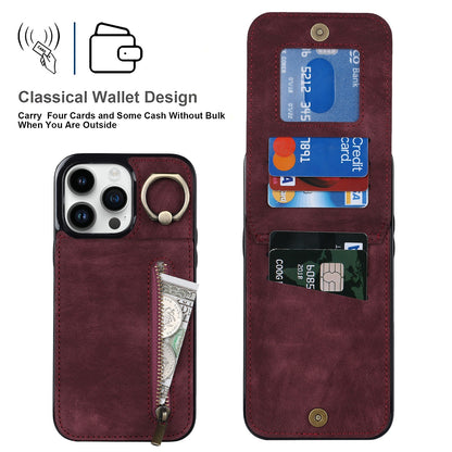 ELECTROPRIME For iPhone 15 Retro Ring and Zipper RFID Card Slot Phone Case(Wine Red)