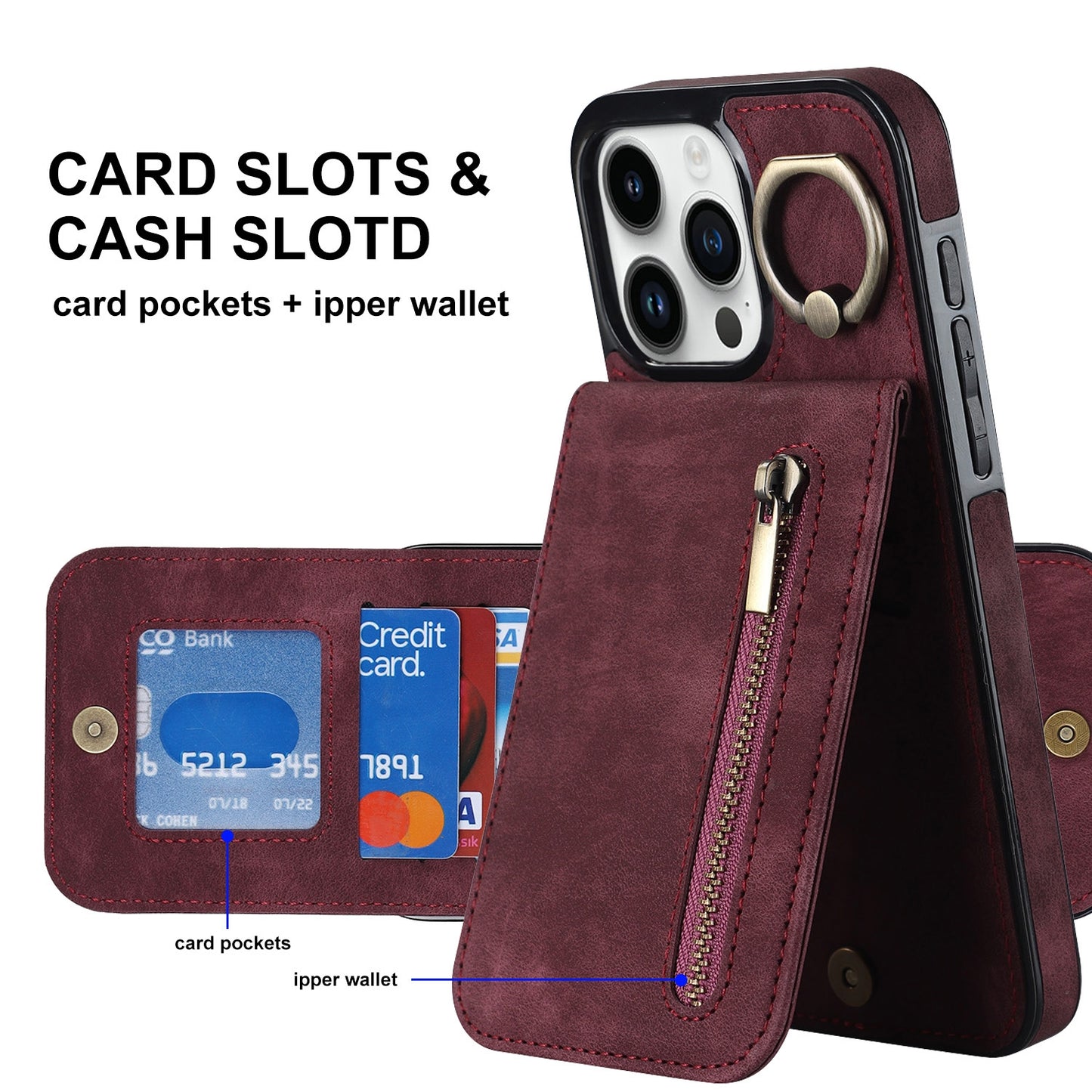ELECTROPRIME For iPhone 15 Retro Ring and Zipper RFID Card Slot Phone Case(Wine Red)
