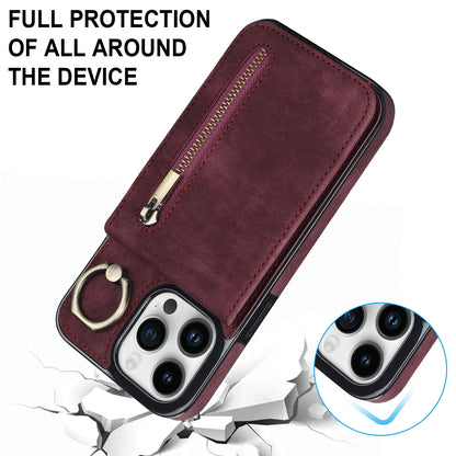 ELECTROPRIME For iPhone 15 Retro Ring and Zipper RFID Card Slot Phone Case(Wine Red)