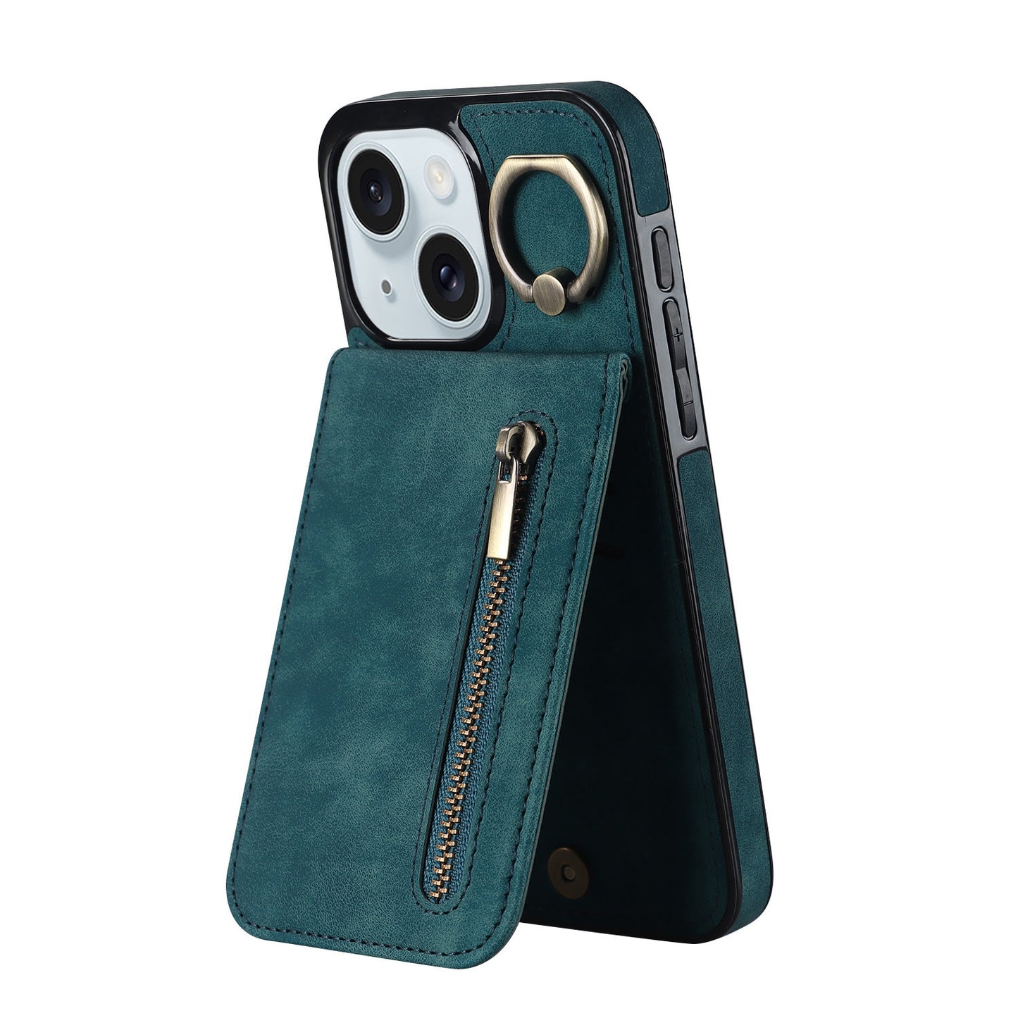 ELECTROPRIME For iPhone 15 Retro Ring and Zipper RFID Card Slot Phone Case(Blue)