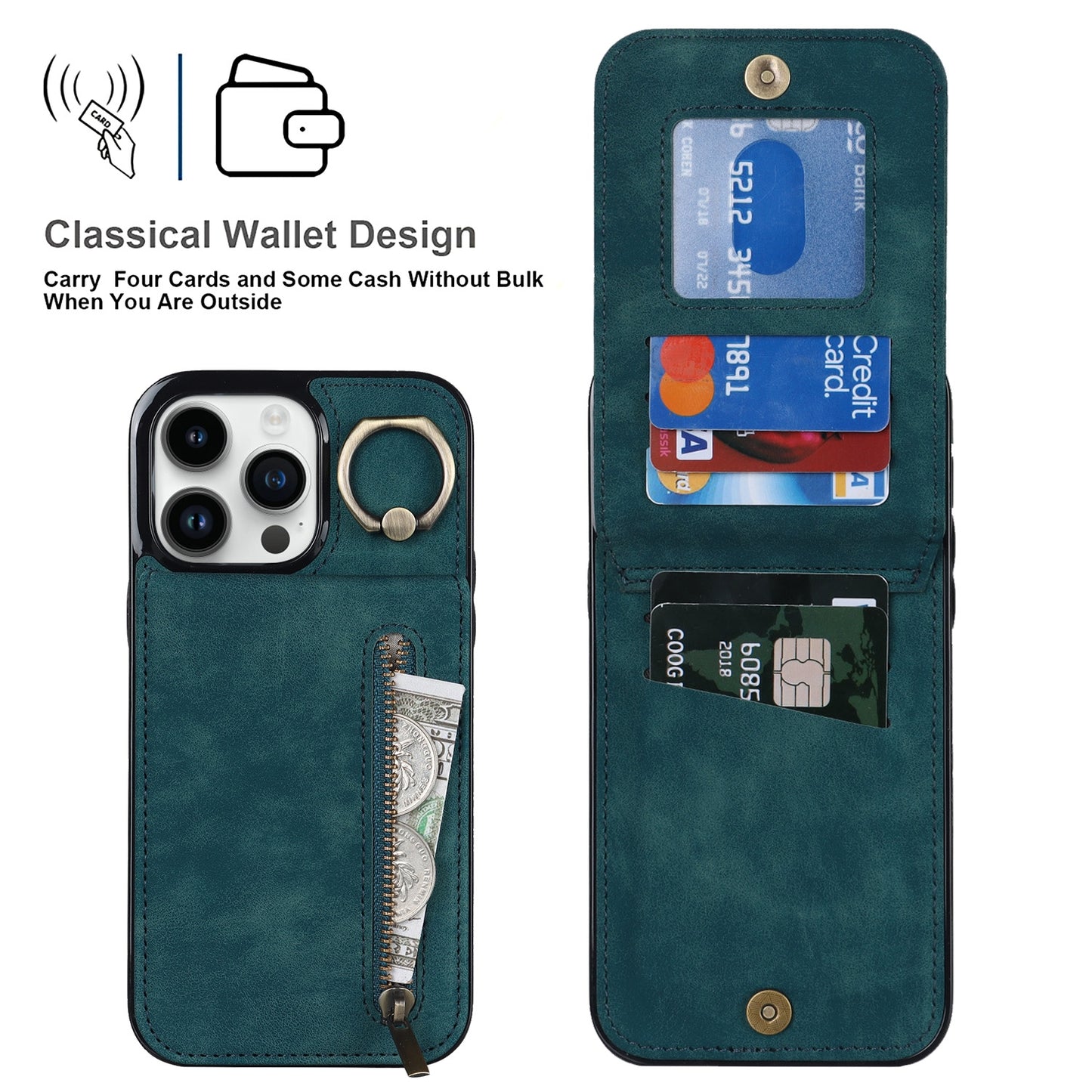 ELECTROPRIME For iPhone 15 Retro Ring and Zipper RFID Card Slot Phone Case(Blue)