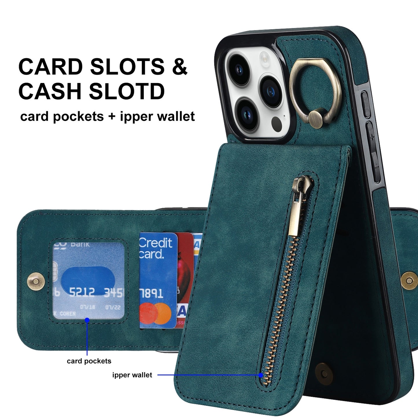 ELECTROPRIME For iPhone 15 Retro Ring and Zipper RFID Card Slot Phone Case(Blue)