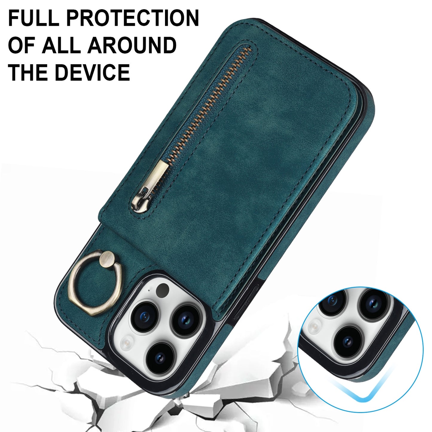 ELECTROPRIME For iPhone 15 Retro Ring and Zipper RFID Card Slot Phone Case(Blue)