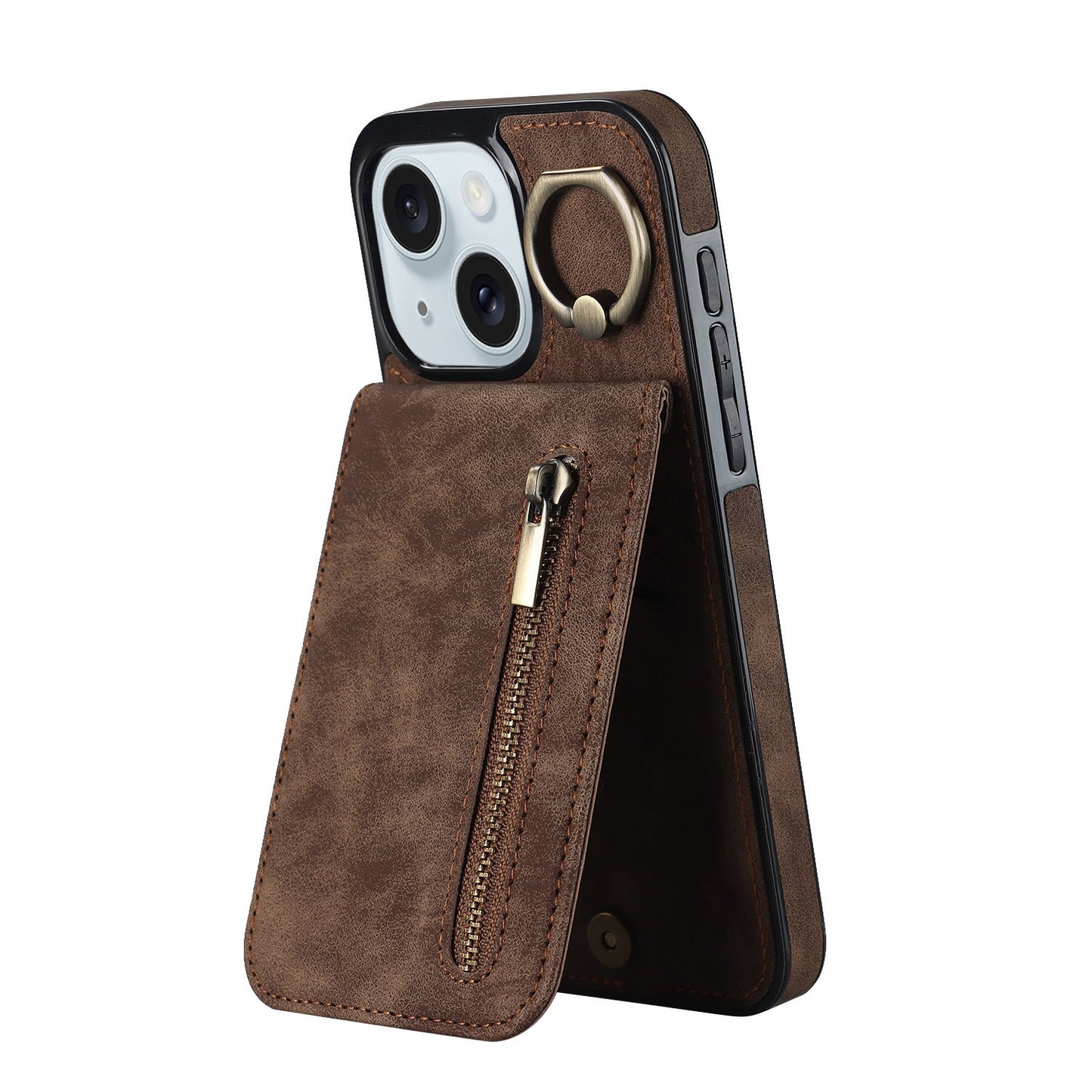ELECTROPRIME For iPhone 15 Retro Ring and Zipper RFID Card Slot Phone Case(Brown)