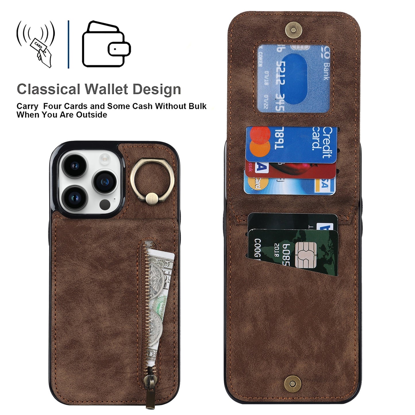 ELECTROPRIME For iPhone 15 Retro Ring and Zipper RFID Card Slot Phone Case(Brown)