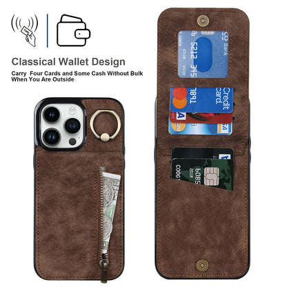 ELECTROPRIME For iPhone 15 Retro Ring and Zipper RFID Card Slot Phone Case(Brown)