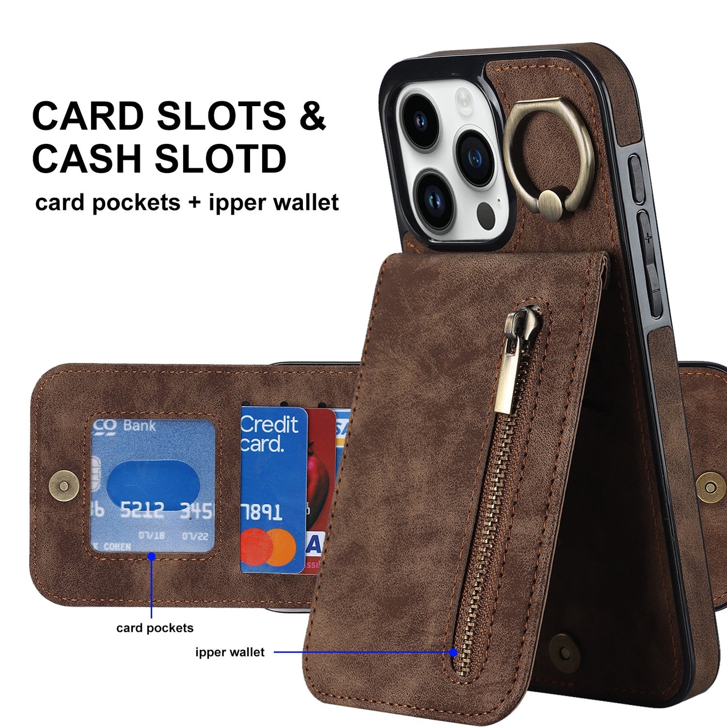 ELECTROPRIME For iPhone 15 Retro Ring and Zipper RFID Card Slot Phone Case(Brown)