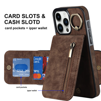 ELECTROPRIME For iPhone 15 Retro Ring and Zipper RFID Card Slot Phone Case(Brown)