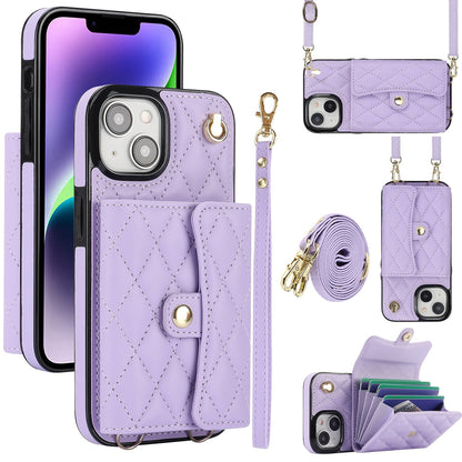 ELECTROPRIME For iPhone 15 Plus Crossbody Rhombic Horizontal Wallet Leather Phone Case(Purple)