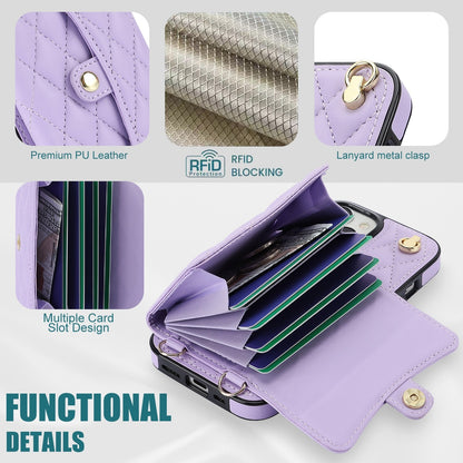 ELECTROPRIME For iPhone 15 Plus Crossbody Rhombic Horizontal Wallet Leather Phone Case(Purple)