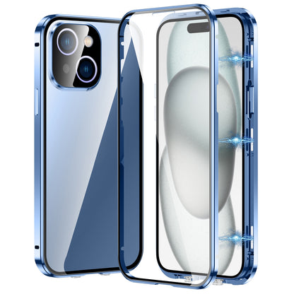 ELECTROPRIME For iPhone 15 Plus Magnetic Double-buckle HD Tempered Glass Phone Case(Blue)