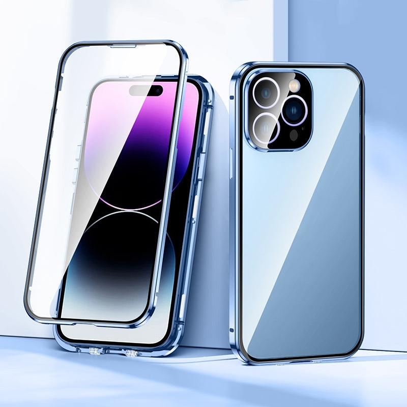 ELECTROPRIME For iPhone 15 Plus Magnetic Double-buckle HD Tempered Glass Phone Case(Blue)