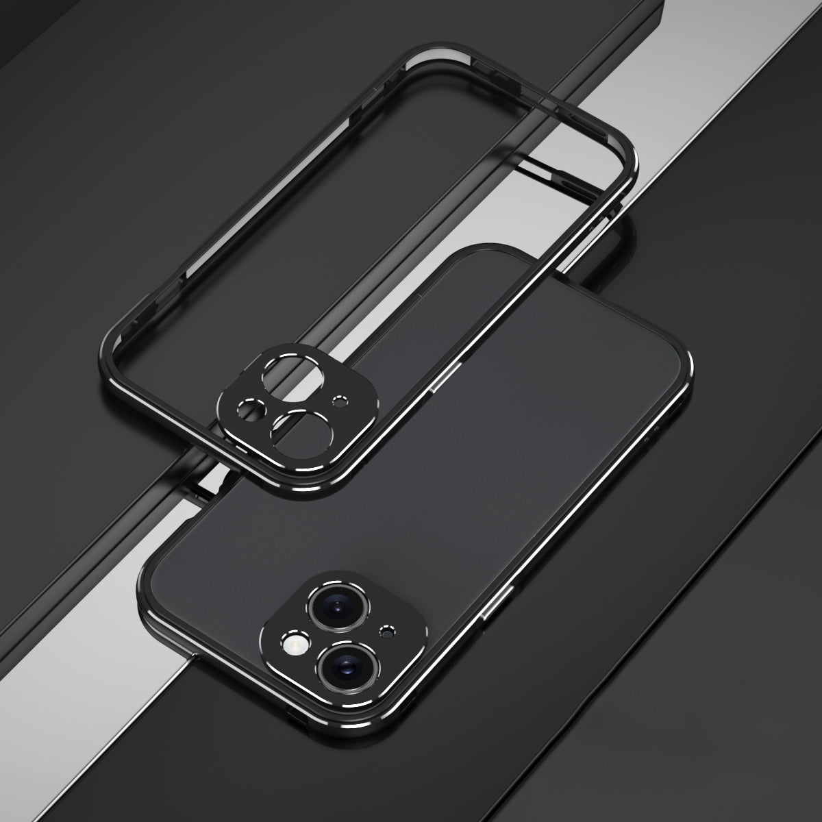 ELECTROPRIME For iPhone 15 Aurora Series Lens Protector + Metal Frame Phone Case(Black Silver)