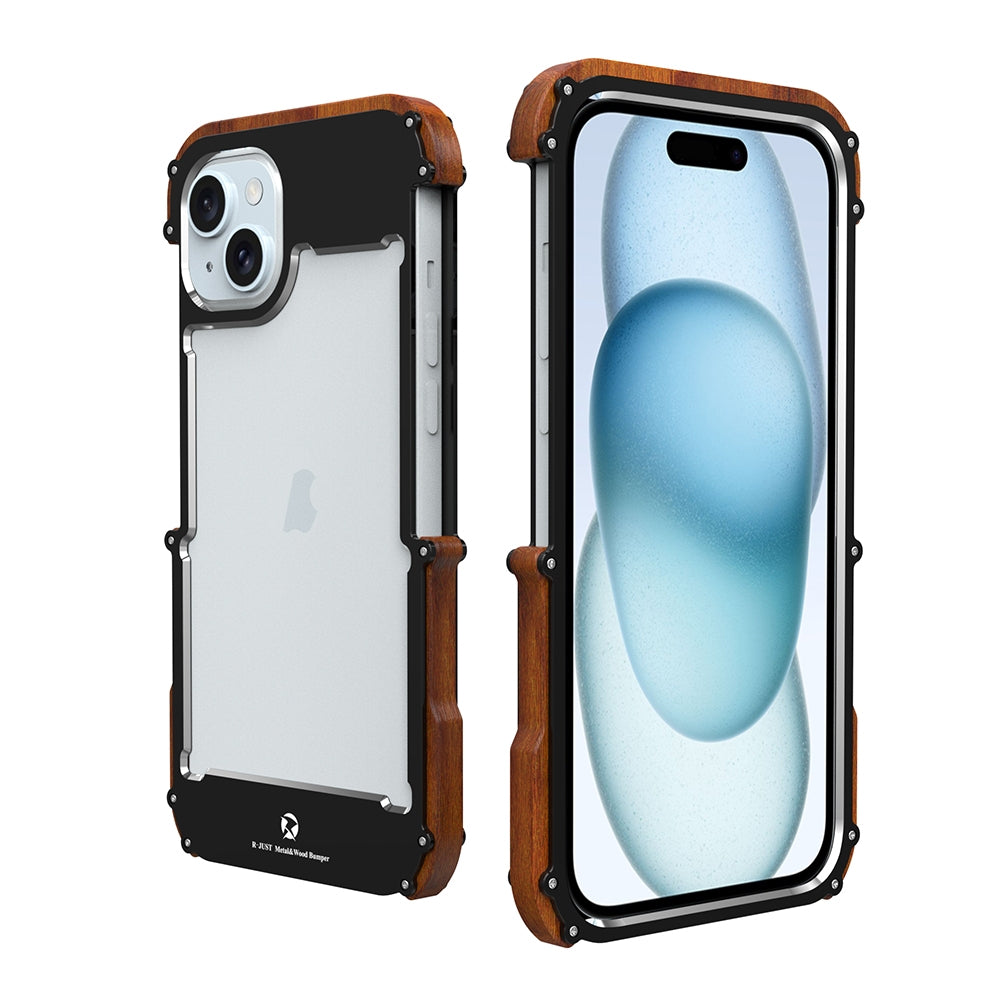 ELECTROPRIME For iPhone 15 Plus R-JUST Ironwood Generation Metal Hybrid Wood Phone Case
