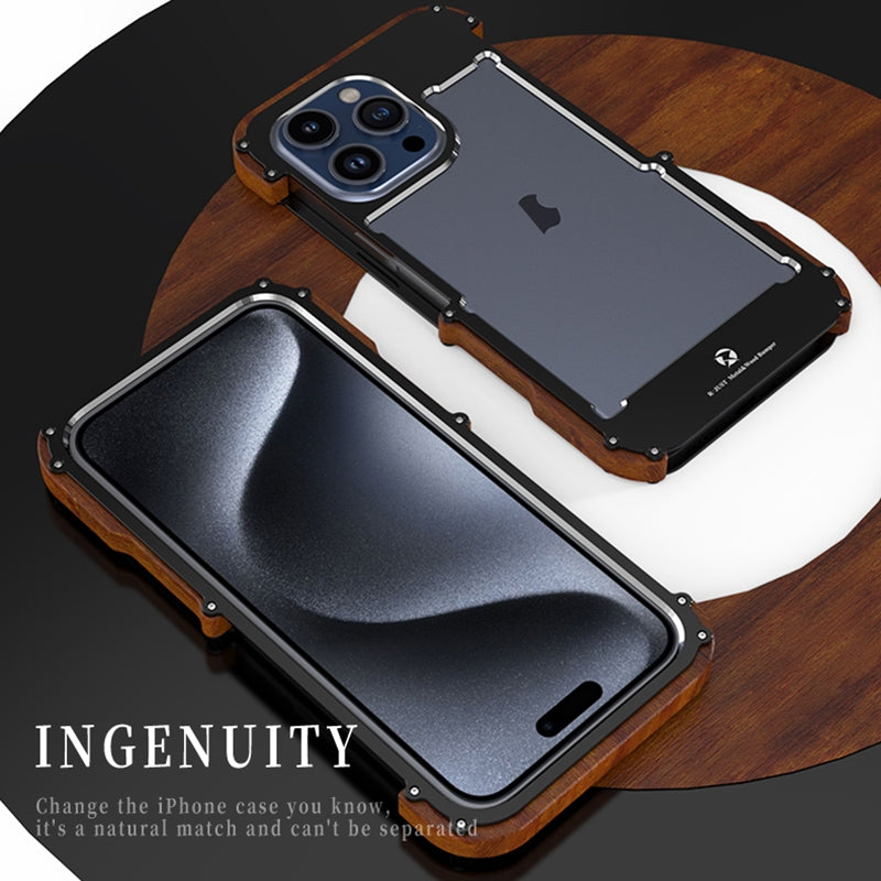 ELECTROPRIME For iPhone 15 Plus R-JUST Ironwood Generation Metal Hybrid Wood Phone Case